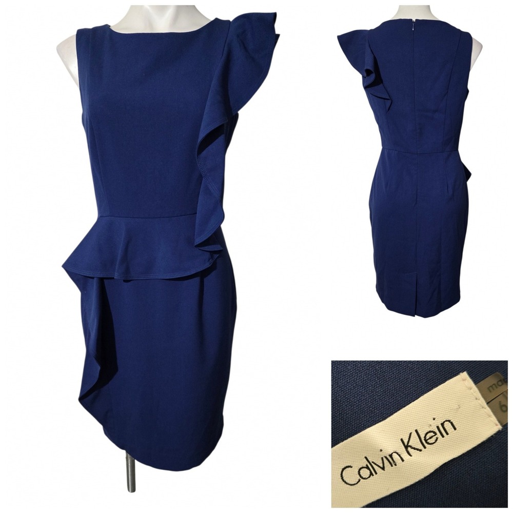Calvin Klein Blue Ruffle Peplum Sheath Dress Size 6 Sleeveless Cocktail CD8C117Y